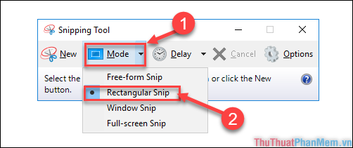 Chọn “Mode” → click chọn chế độ “Rectangular Snip”