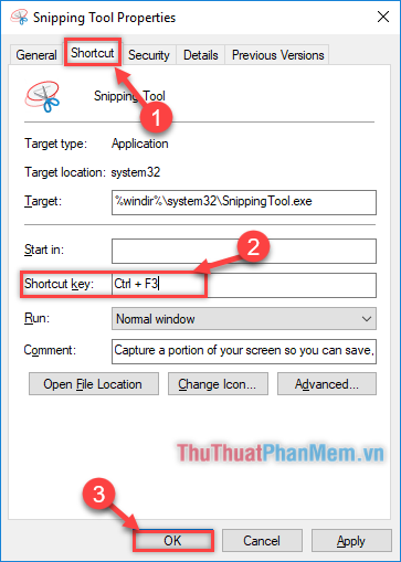 Tùy chọn phím để bật Snipping Tool ở dòng “Shortcut key”