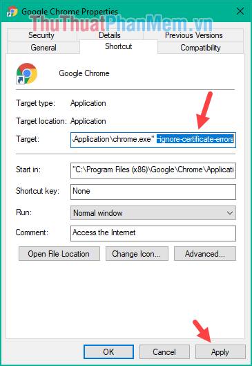 Thêm “-ignore-certificate-errors” trong Shortcut của Chrome