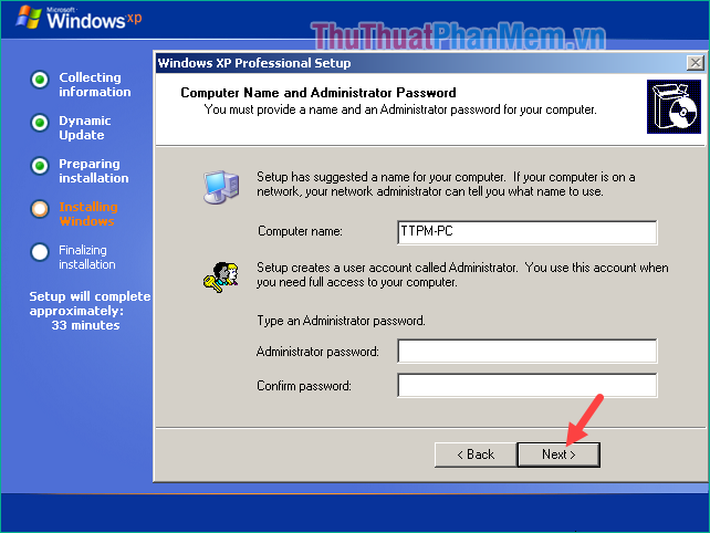 Có hoặc Không Nhập mật khẩu máy tính của bạn và[次へ]Nhấp chuột.
