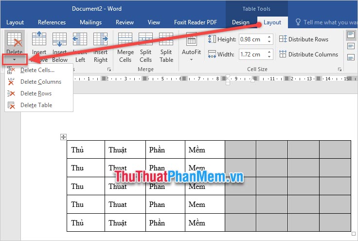 Cách xóa cột và hàng trong Word - Cách 2