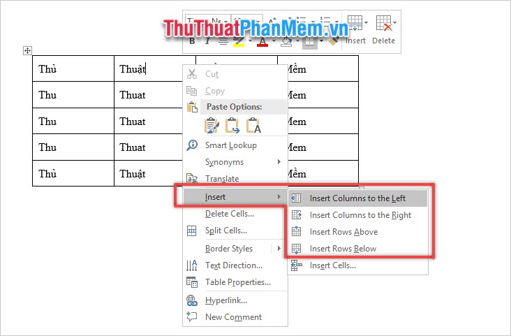 Chọn Insert, sau đó chọn 1 trong 4 lựa chọn