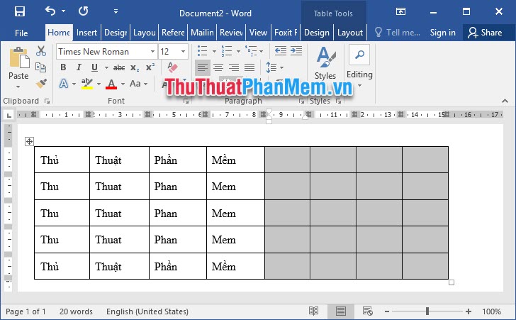 Kết quả đã thêm được những cột bằng với số cột bạn vừa bôi đen