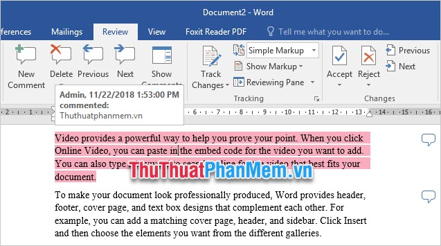 Bôi đen toàn bộ đoạn văn bản chứa Comment