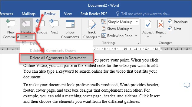 Chọn Delete All Comments in Document