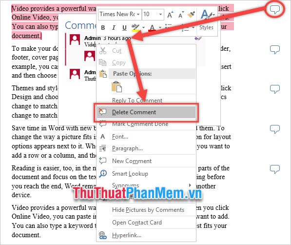 Click chuột phải vào Comment muốn xóa rồi chọn Delete Comment