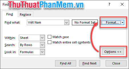 Click vào Options, sau đó chọn Format