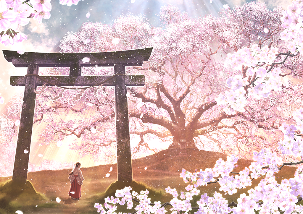 Hình ảnh hoa đào ngày tết được thể hiện trong ảnh anime