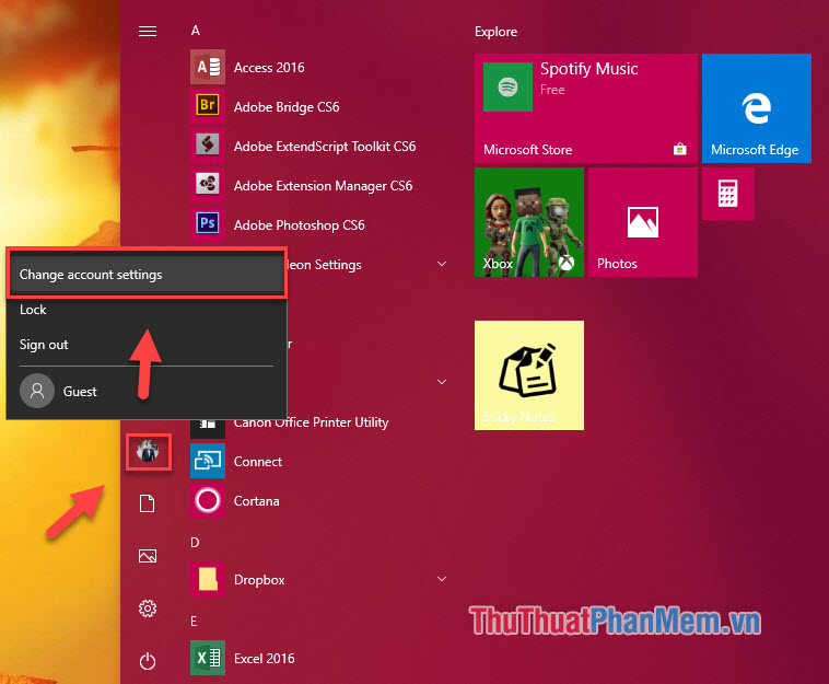 Nhấn phím logo Windows, nhấn vào hình đại diện và chọn “Change account settings”