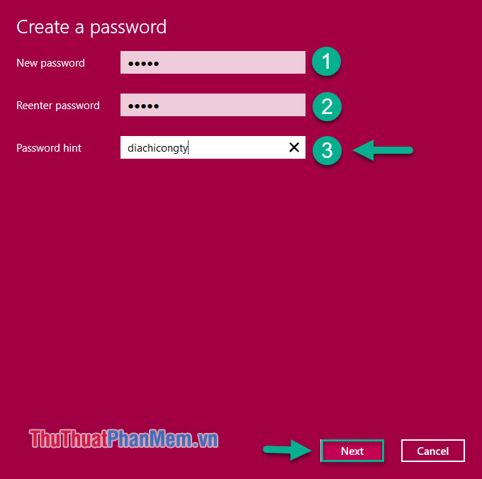 Nhập mật khẩu để cài đặt (1), nhập lại mật khẩu (2), nhập gợi ý mật khẩu (3)