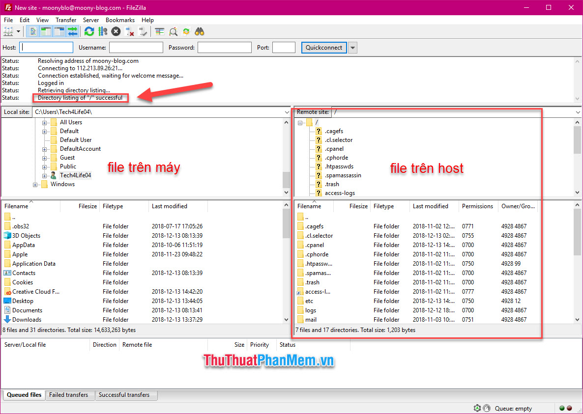 File trên host sẽ hiển thị tại giao diện File Zilla