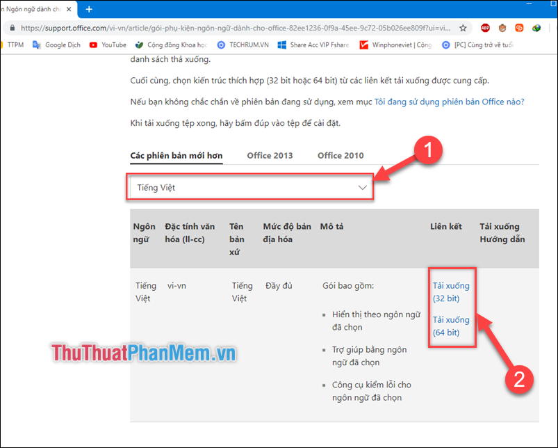 Chọn ngôn ngữ Tiếng Việt - Tùy chọn phiên bản 32Bit hoặc 64Bit