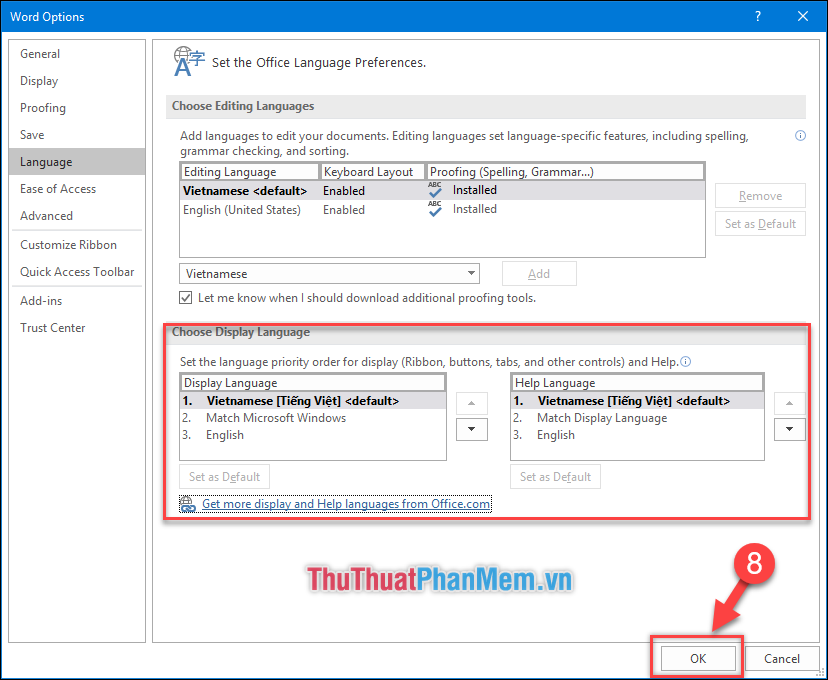 Set as Default ngôn ngữ Vietnamses/Tiếng Việt ở mục Choose Display Language