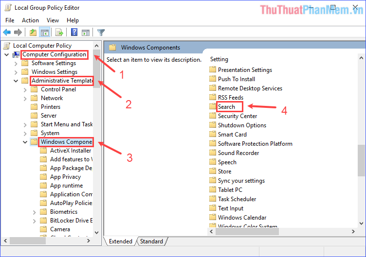 Vào Computer Configuration - Administrative Templates - Windows Components - Search