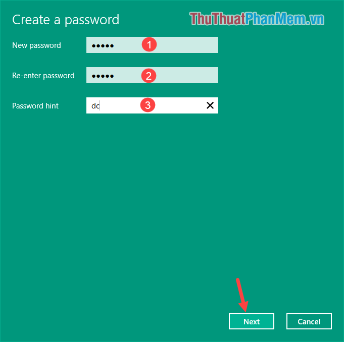 [新しいパスワード]lĩnh vực và[パスワードの再入力]Nhập mật khẩu của bạn hai lần vào trường.