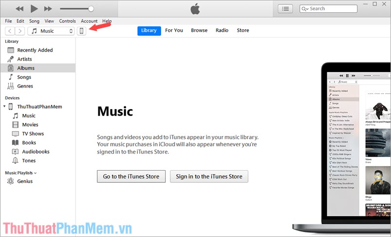 Tại giao diện chính của iTunes, bấm chọn biểu tượng iPhone