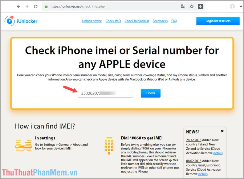 Kiểm tra IMEI iPhone qua trang web iUnlocker