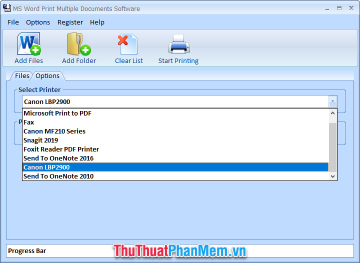 Chuyển sang tab Options rồi lựa chọn máy in trong Select Printer