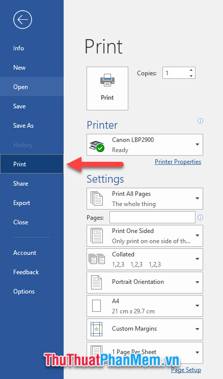 Vào ribbon File và chọn Print