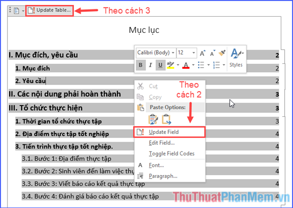 Click vào Update Table