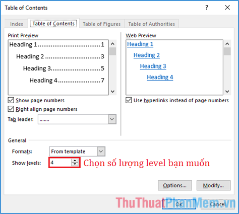 Thay đổi giá trị trong ô Show levels