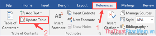 Trong tab References, nhóm Table of Contents, click vào Update Table