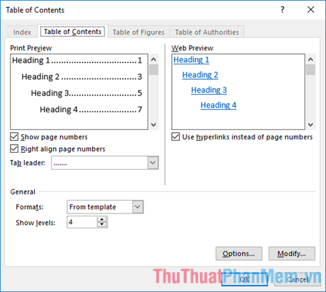 Trong tab Table of Contents tuỳ chỉnh các thiết lập