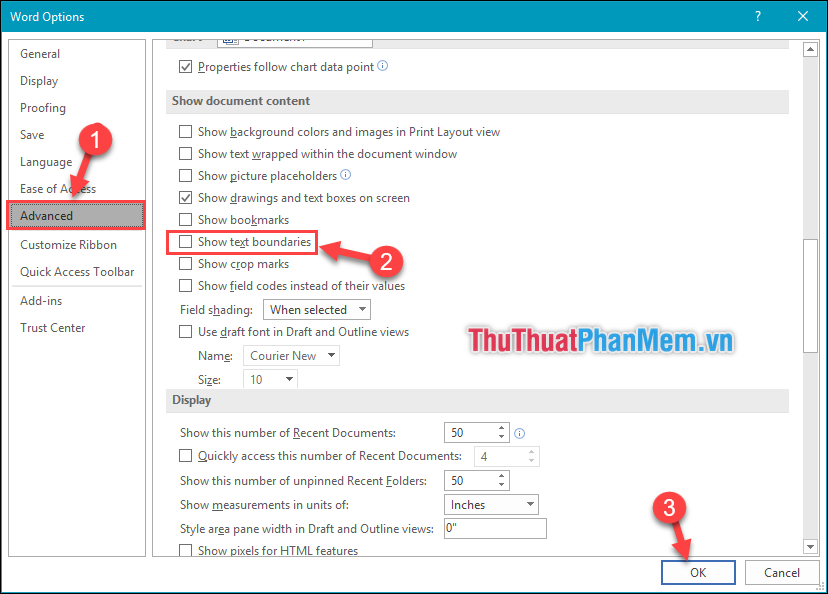 Chọn tab Advanced - Bỏ tích ở dòng Show text boundaries - Chọn OK