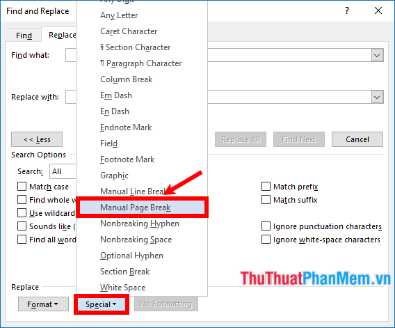 Chọn Special → Manual Page Break