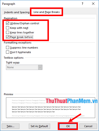 Chọn thẻ Line and Page Breaks, đánh dấu tích chọn trước tùy chỉnh