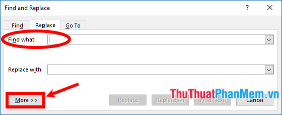Đặt con trỏ chuột vào ô Find what, sau đó chọn More