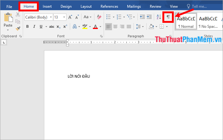 Trong phần Paragraph nhấn chọn biểu tượng Show/ Hide