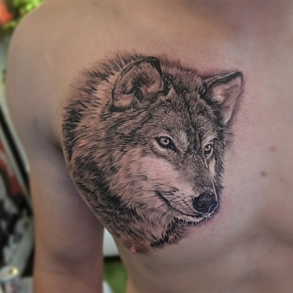 Mẫu tattoo đầu chó sói trước ngực đẹp