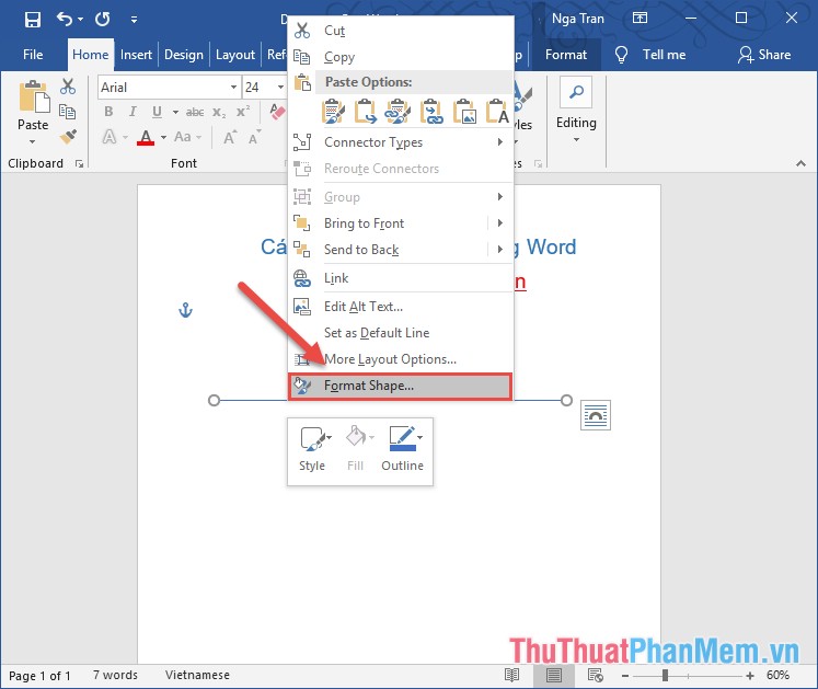 Chuột phải đường thẳng vừa vẽ - chọn Format Shape...