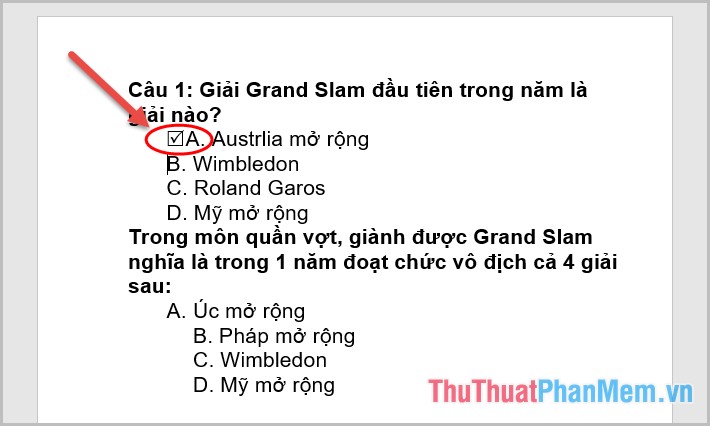 Kết quả đã chèn dấu tích đúng cho đáp án