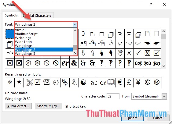 Lựa chọn trong mục Font