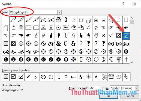 Trong mục Font lựa chọn Wingdings2 - kích chọn biểu tượng muốn thay đổi