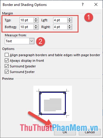 Trong mục Margin lựa chọn khoảng cách căn các lề
