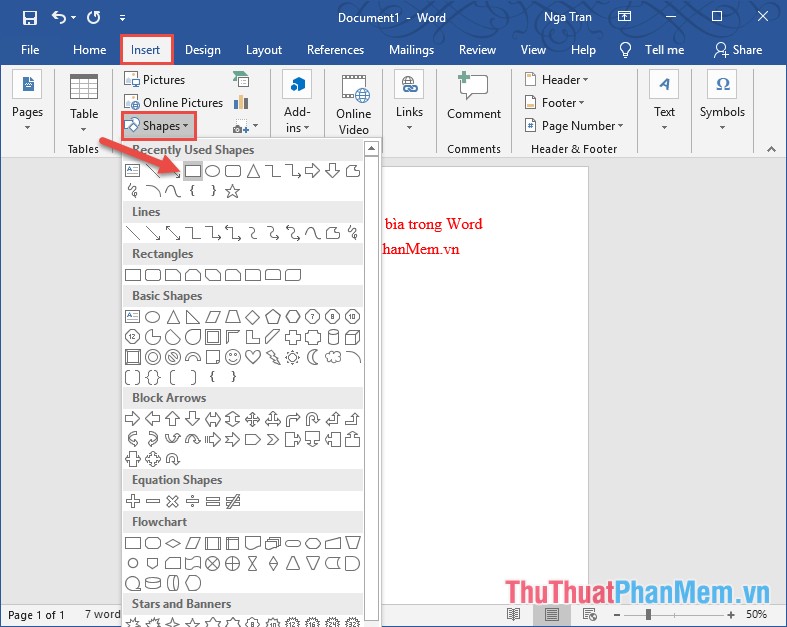 Vào thẻ Insert - Shapes - kích chọn biểu tượng hình chữ nhật