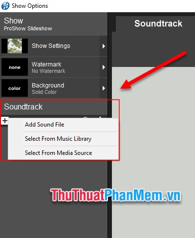 Nhấn vào dấu + ở SoundTrack và chọn Add Sound File