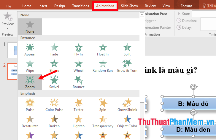 Chọn 4 hình chứa đáp án và chọn Animations - chọn hiệu ứng bất kỳ trong phần Entrance