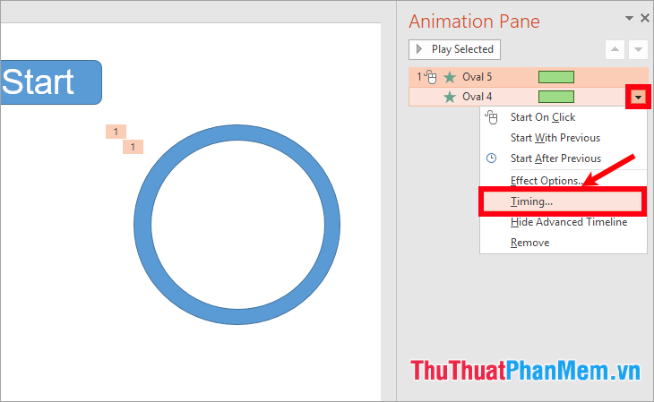 Chọn biểu tượng hình tam giác đen và chọn Timing