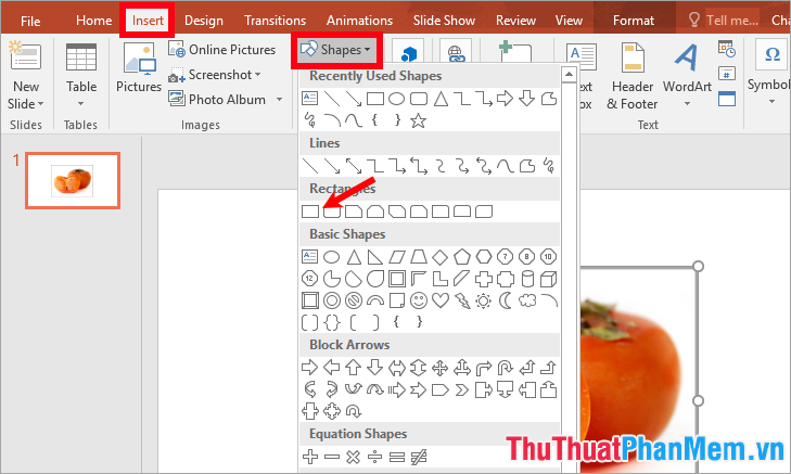 Chọn Insert - Shapes - chọn hình chữ nhật