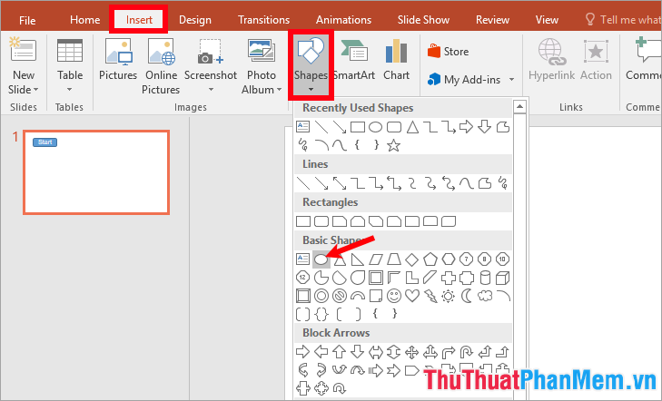 Chọn Insert - Shapes - chọn hình oval