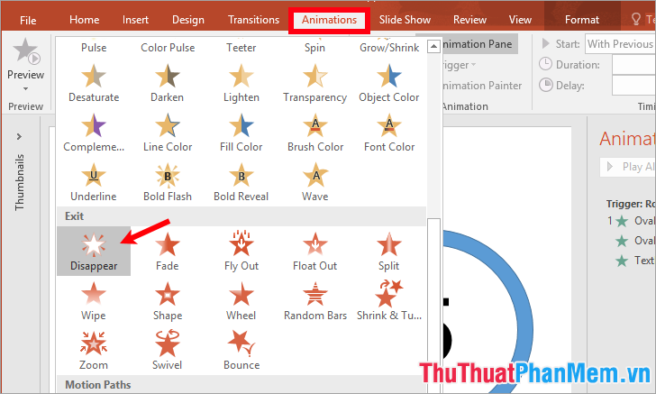Chọn nút Start - Animations - chọn hiệu ứng trong Exit