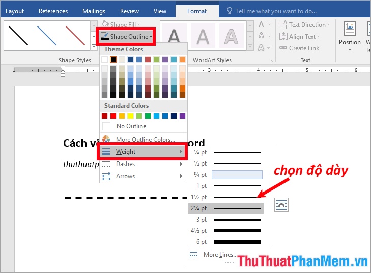 Nhấn vào ảnh để phóng to Chọn Shape Outline - Weight - chọn độ dày cho nét đứt
