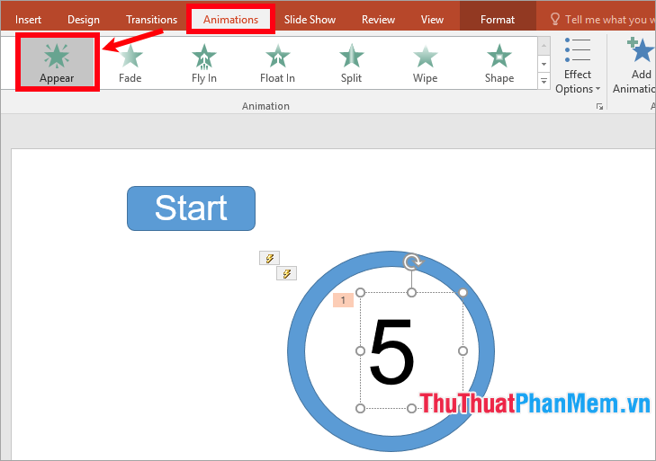 Chọn số 5, chọn thẻ Animations và chọn hiệu ứng hiển thị