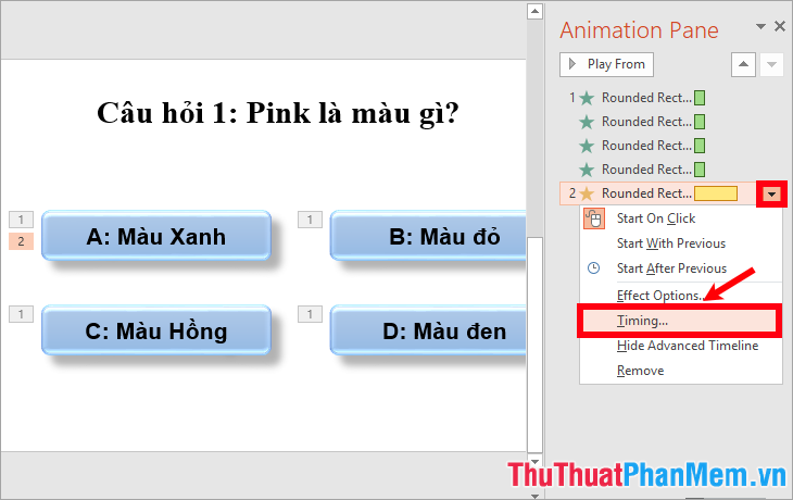 Chọn tam giác cạnh tên hiệu ứng đổi màu của đáp án a - chọn Timing