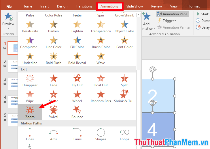 Chọn tất cả 4 miếng ghép, chọn Animations - chọn hiệu ứng trong phần Exit