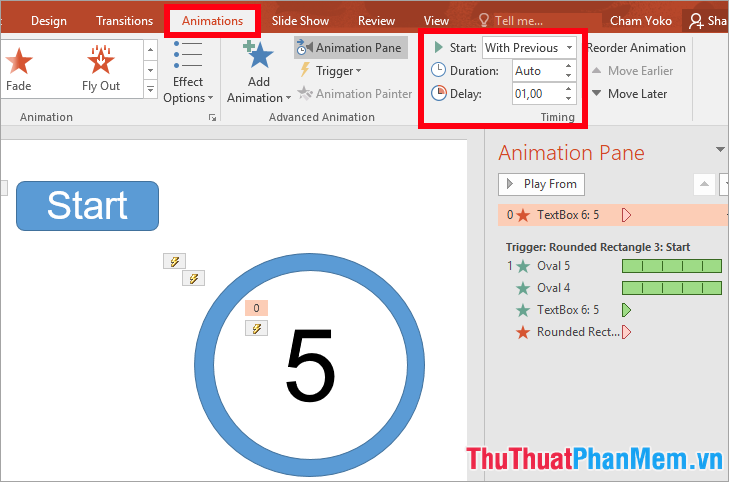 Chọn tên hiệu ứng vừa thêm và thiết lập trong thẻ Animations